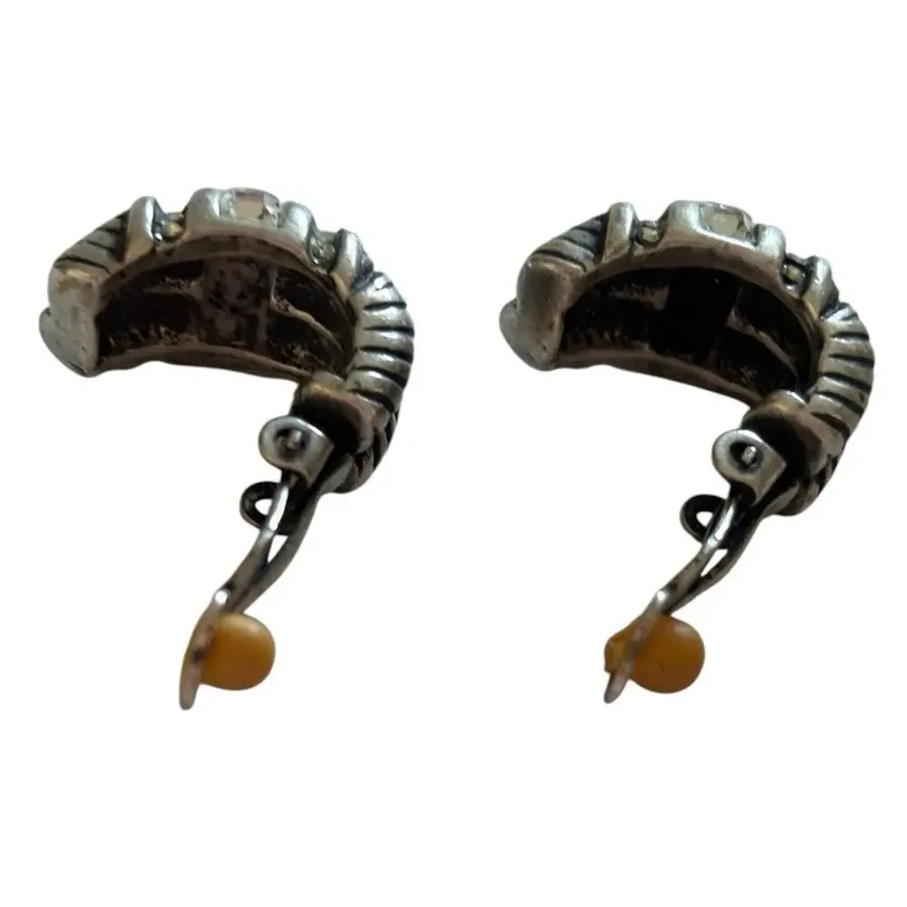 Silver Tone Renaissance Revival Half Hoop Clip On Crystal Earrings High End